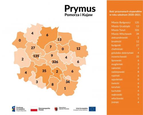 mapka przedstawiająca strukturę stypendiów w podziale na powiaty województwa kujawsko-pomorskiego